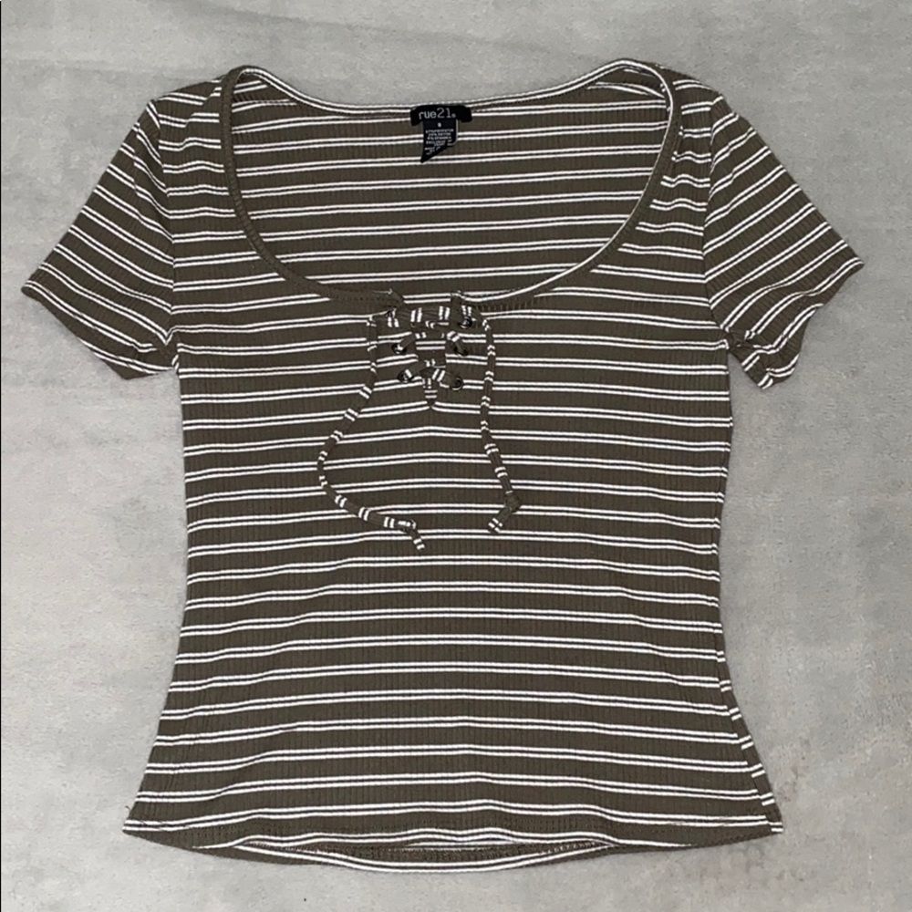 Gray & white stripped drawstring top